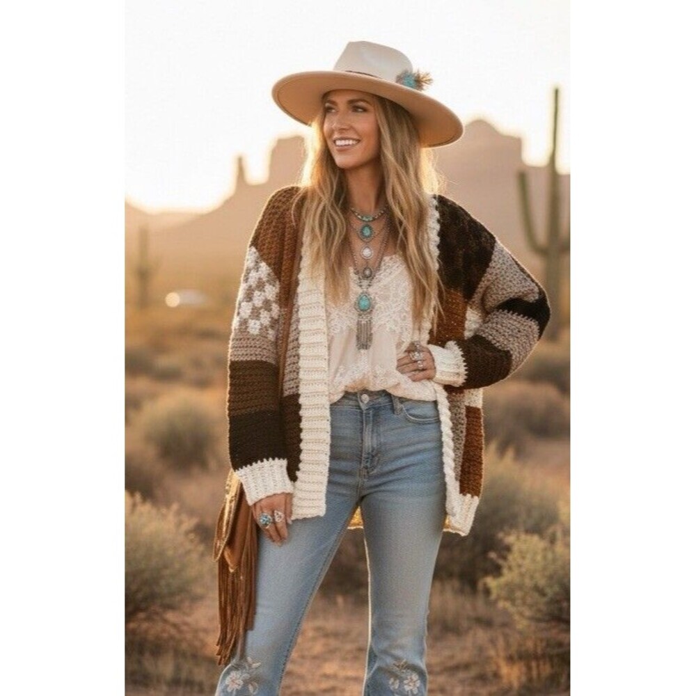 Handmade Crocheted Patchwork Brown Earthy Cardigan Sweater Open Boho M-XXL